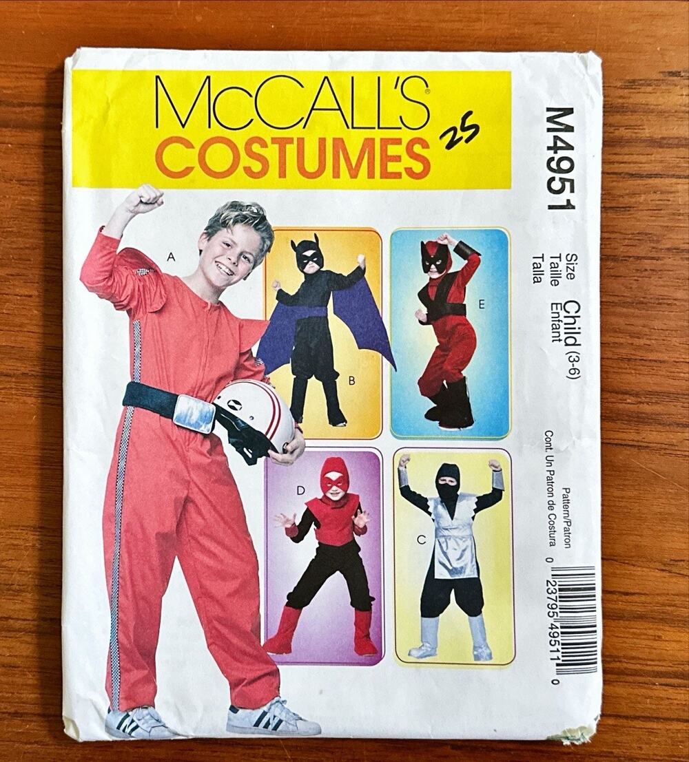 NEW FF McCalls 4951 Sewing Pattern Costumes Ninja Race Car Driver Boys Sz 3-6